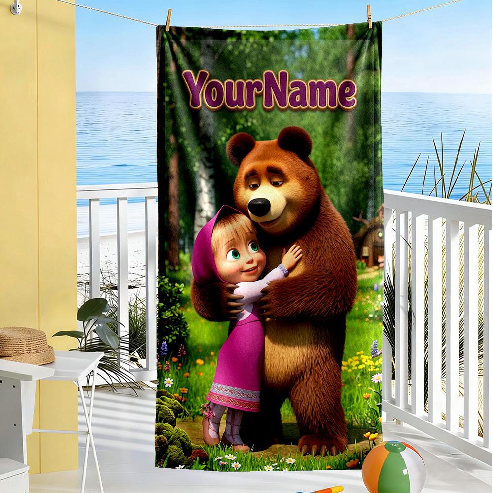 Masha Bear Customize Your Name Beach Towel Soft Durable Quick-Dry Ideal for Travel Outdoor Swim Pool Yoga Surf Camping Hiking Gym Gift Holiday