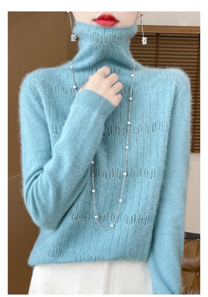 Women's Pure Wool Rhinestone Embellished Knit Top, Stacked Collar, Long Sleeve, Hollow Design for Autumn/Winter