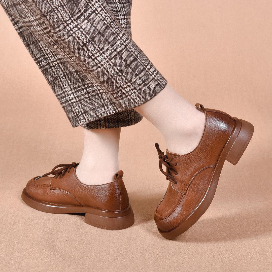 

Round head small leather shoes women s shoes spring new first-layer cowhide basic lace-up flat shoes single shoes 41