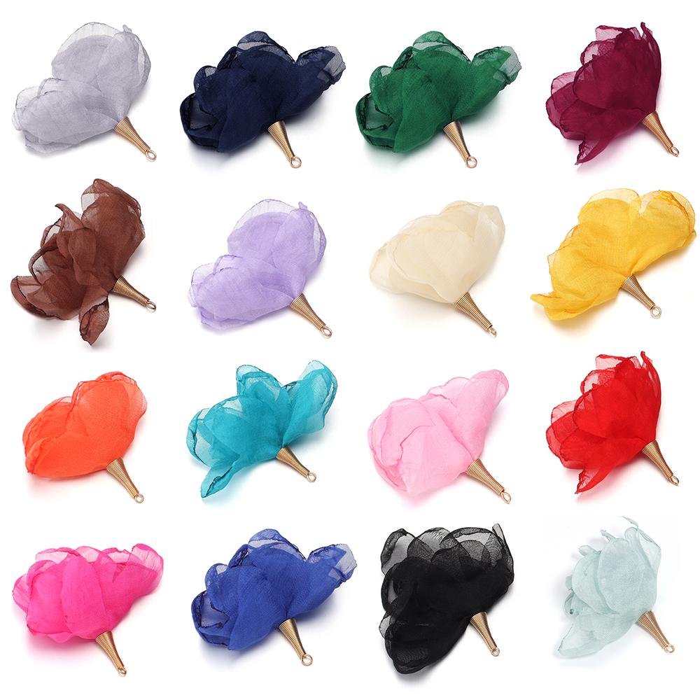 10pcs 5cm Mesh Chiffon Flower Earrings Pendant Colorful Flower Charms For DIY Jewelry Making Crafts Earrings Keychain Supplies