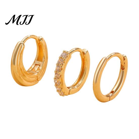 Alloy Earrings 3Pcs Round Hoop Classic Fashion with Diamond-encrusted Spring-Lock Closure Versatile Stackable Jewelry for Women