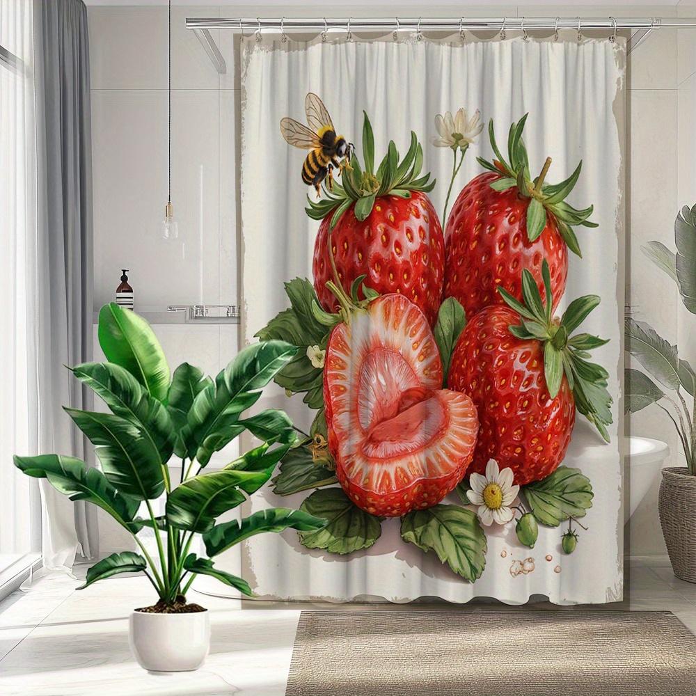 3D Strawberry & Bee Shower Curtain - Waterproof, Mildew-Resistant With Fresh Fruit Design For Fun And Vibrant Bathroom Decor