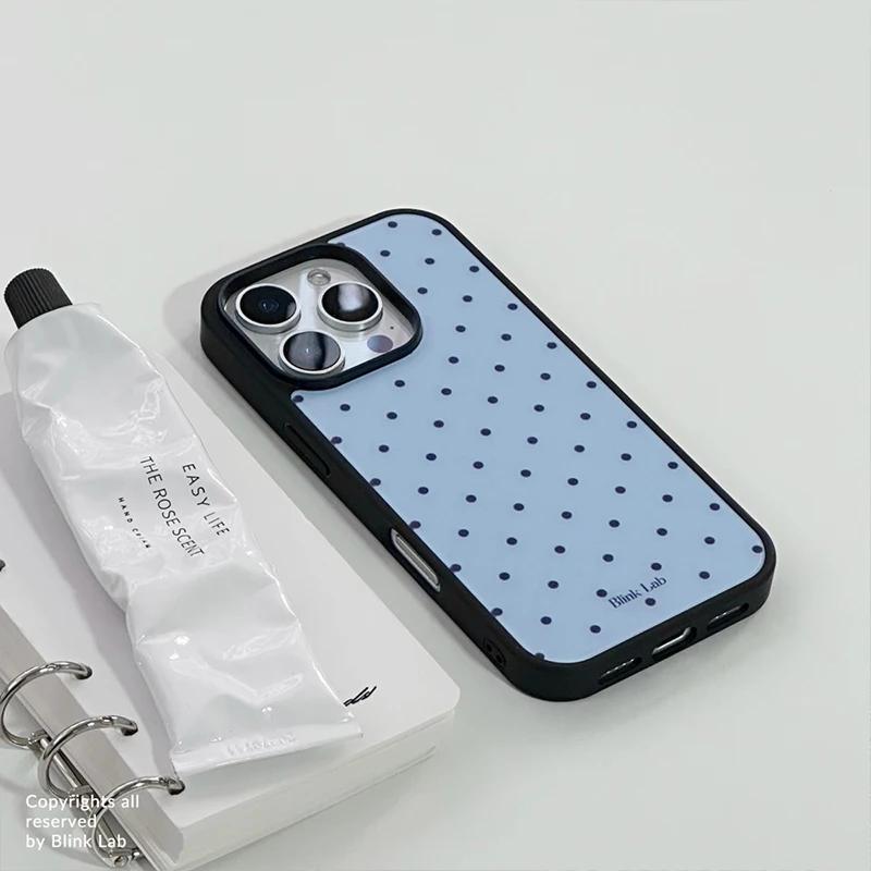 Korean Ins Trendy Blue Groud Black Polka Dots Phone Case For For Iphone 17 AIR 16 1 14 13 12 11 Pro Max XR XSMAX 7 8 PLUS Y2K Cover
