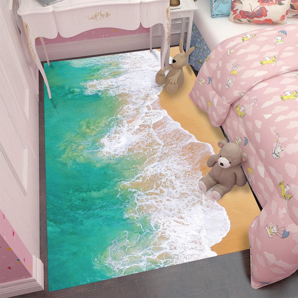 Large 3D Beach Area Rug with Seashells Starfish and Foamy Waves Kids Bedroom Non-slip Decorative Carpet Home Decoration