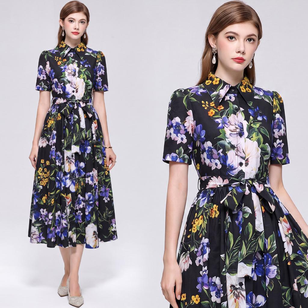 Vintage Floral Shirt Dress Women Short Sleeve Button Down Sashes A-Line Midi Dress Elegant Summer Party Dress