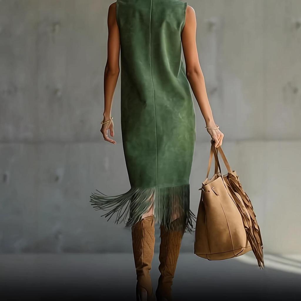 European & American Style Sleeveless Suede Plush Tassel Dress for Women - Autumn/Winter Fashion Slim Fit Long Dress (2026 Model)