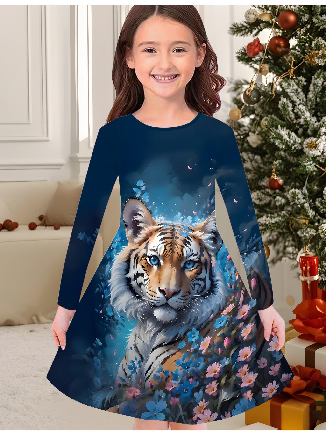 

Модное осенне-зимнее платье для девочек, 3D-принт, с круглым вырезом, длинное детское платье-футболка, повседневное универсальное, рождественская одежда 170 синий