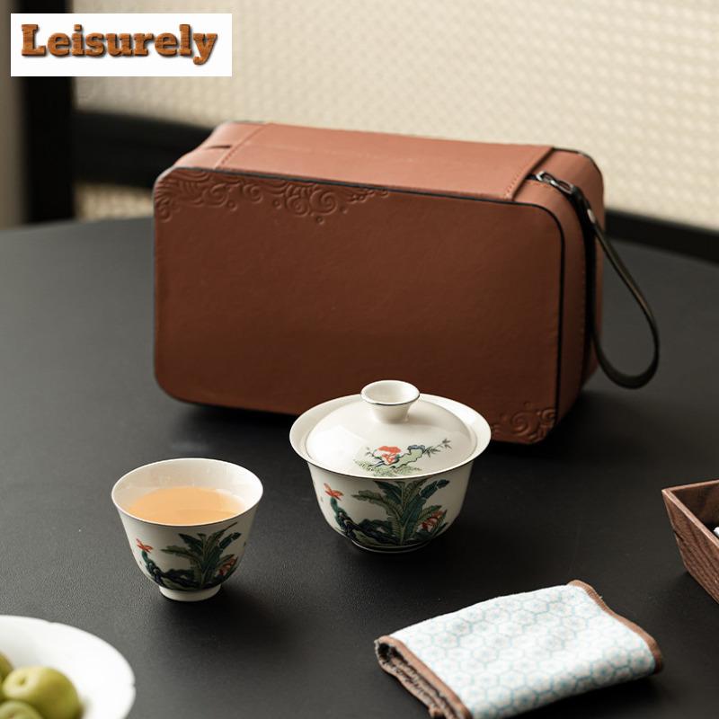 Retro Plant Ash Travel Tea Set Handmade Daffodil Tracing Silver Cover Bowl Tea Brewing Kit Outdoor Camping Portable Leath Bag