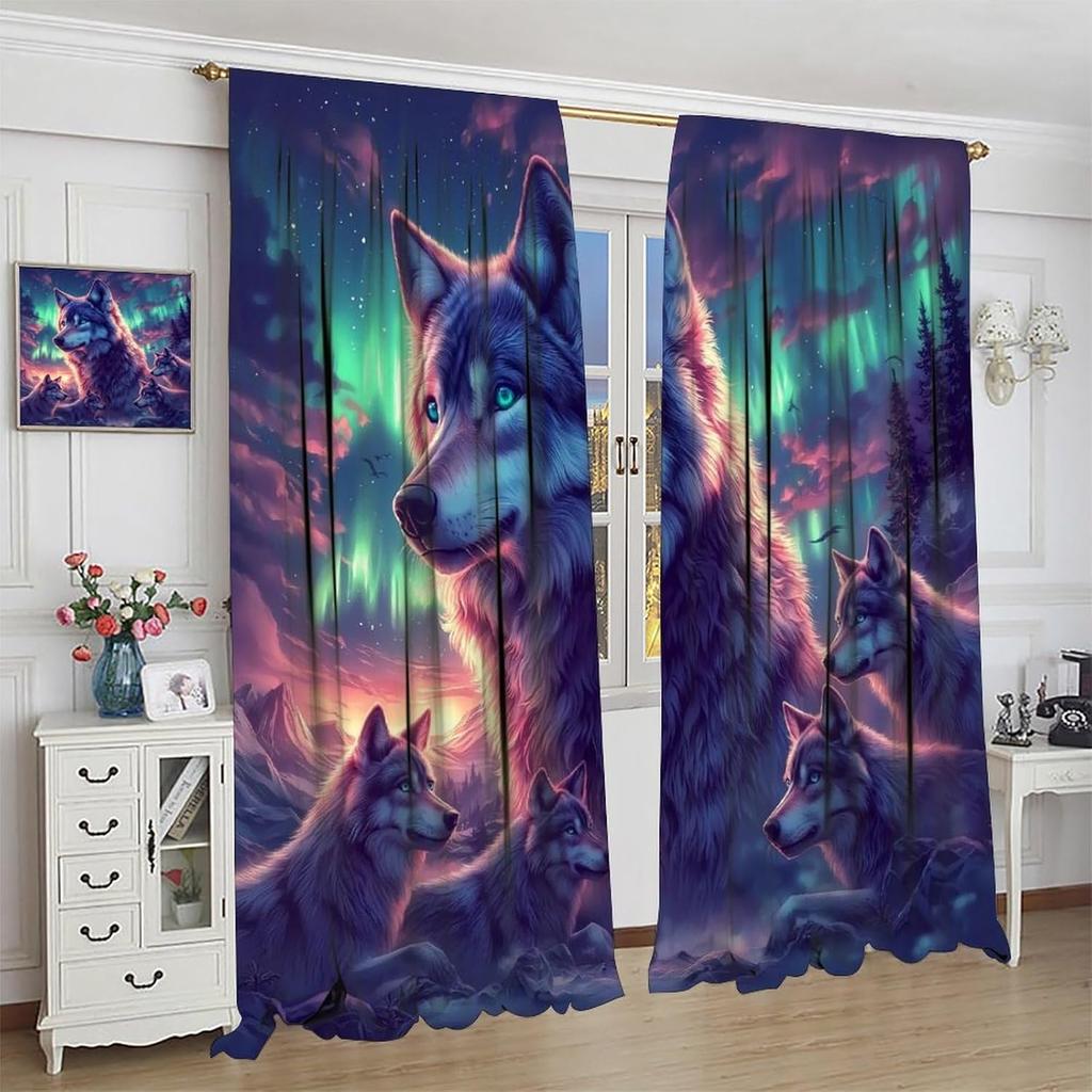 Blackout Wolf Curtains Retro Nature Wildlife Drapes Aurora Forest Wolves Animal Pattern Window Treatments Curtain Living Made Of Polyester Washable