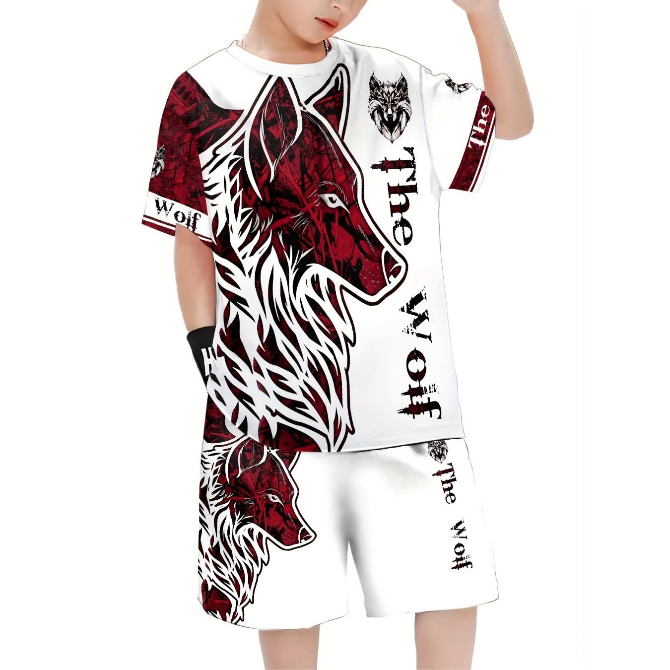 The 2026 summer new boys suit is a fashionable 3D printed casual pullovers, short sleeves outdoor set 5-6Y