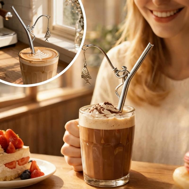 Fun Fishing Figure Straw Stainless Steel Drinking Straw for Cocktails Iced Coffee Beverages and Home Decoration P9YB