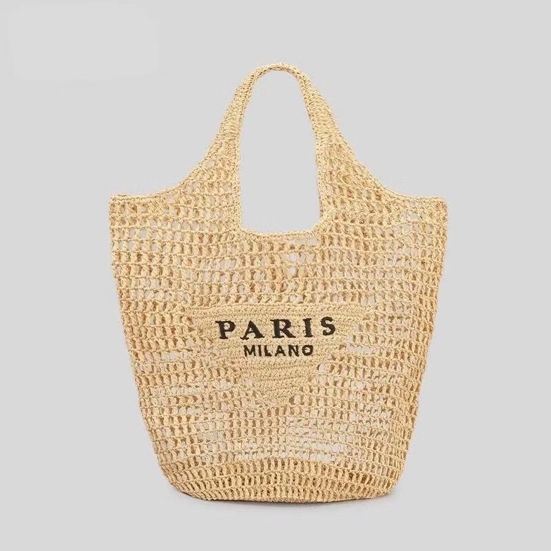 Hand-Woven Straw Tote Bag with Embroidered Pouch