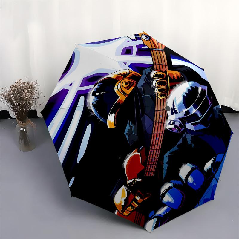 Guitarist, Helmeted Themed Automatic Opening and Closing Umbrella, Compact Travel Umbrella, Lightweight and Portable, Suitable for Beach Com