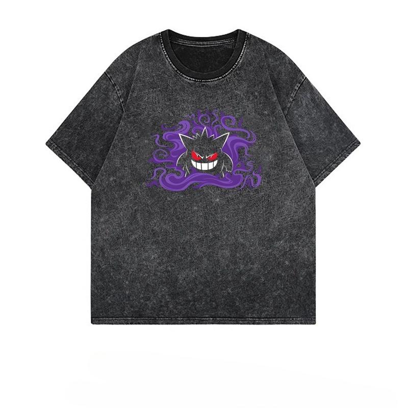 Summer Gengar Pokemon Anime Men's T Shirt Print Vintage Washed Short-sleeved Tee Women's Oversized Gym Y2k Clothes