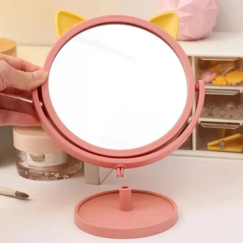 Shatterproof Cat Ear Mirror - Round Makeup Mirror, Portable Tabletop, 360° Adjustable Rotation, Household Decoration