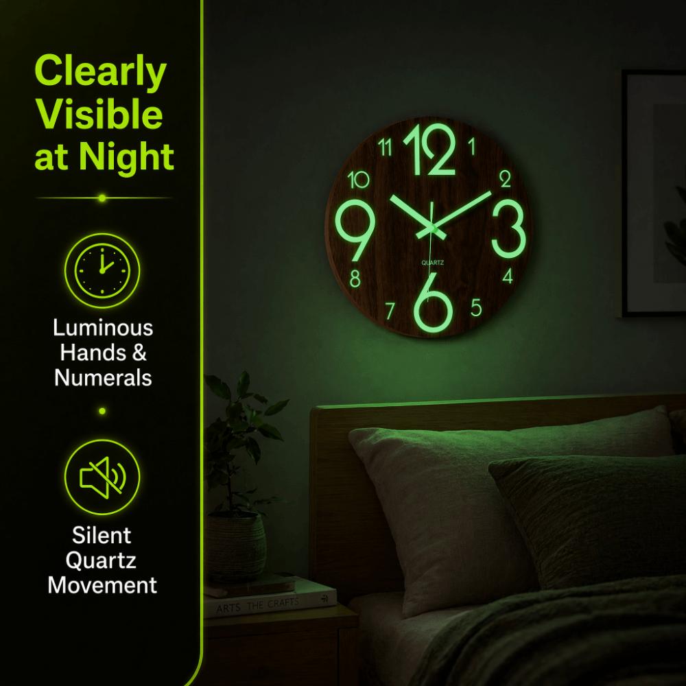 8 Inch 3D Wall Clock Wooden Glowing Hanging Clock Modern Luminous Wall Clock  Living Room