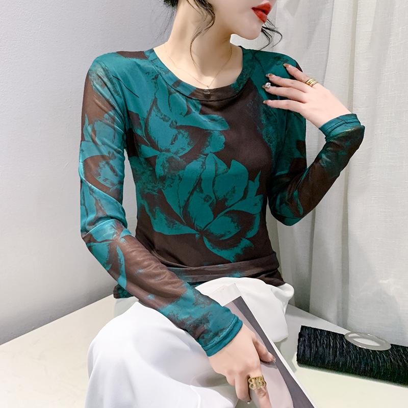 Round Neck Printed Mesh Casual T-shirt for Women In Spring Long-sleeved Slim Base Shirt