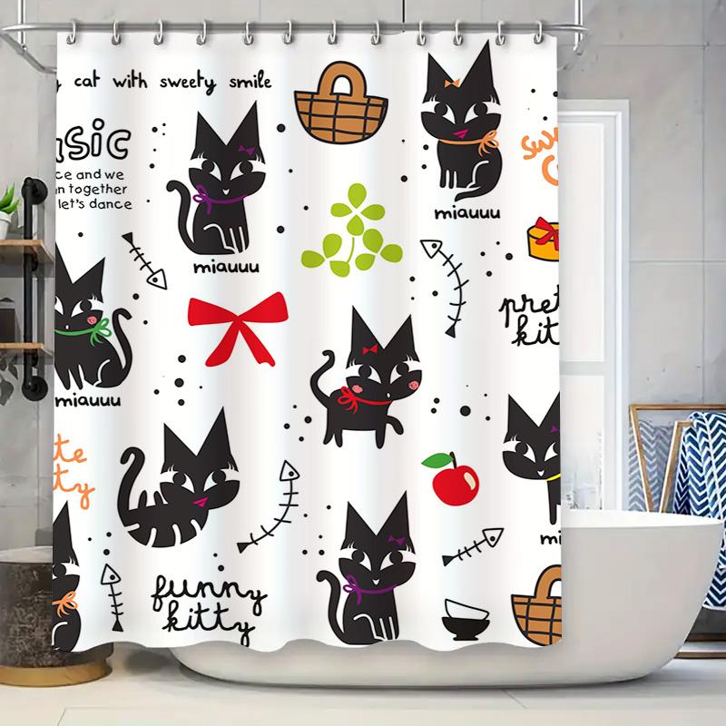 Kawaii Cats Shower CurtainBlack Cat Print for Bathroom Decor Pretty Kitty Fun Design Music and Fruit Love Quotes White Backgroun