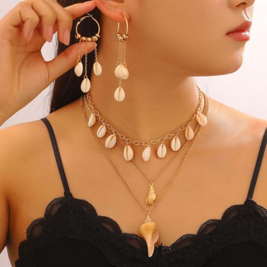 Natural Seashell Layered Necklace Tassel Ocean-Inspired Jewelry Beach Earrings Set Vacation Style Elegant Gift for Women