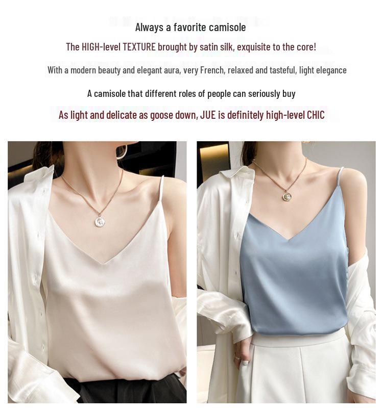25 Summer Silk Slim-fit V-neck Camisole, Single Strap, Sleeveless, Solid Color, Versatile Imitation Silk Vest