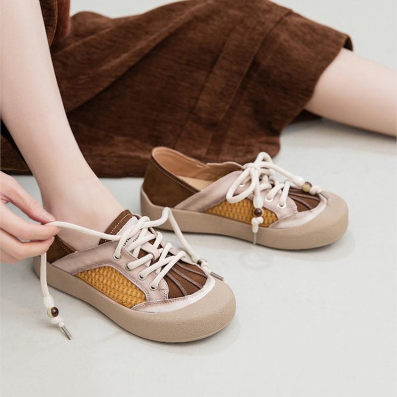 Johnature Mixed Colors Casual Lace-up Flats Genuine Leather Versatile Soft Soled Women's Shoes