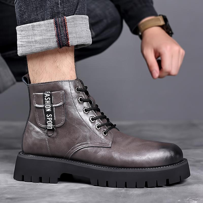 Fashion Handmade Men Winter Plush Snow Casual Boots Leather Walking Shoes Fashion High Top Shoes Men All-match Male Motorcycle Boots