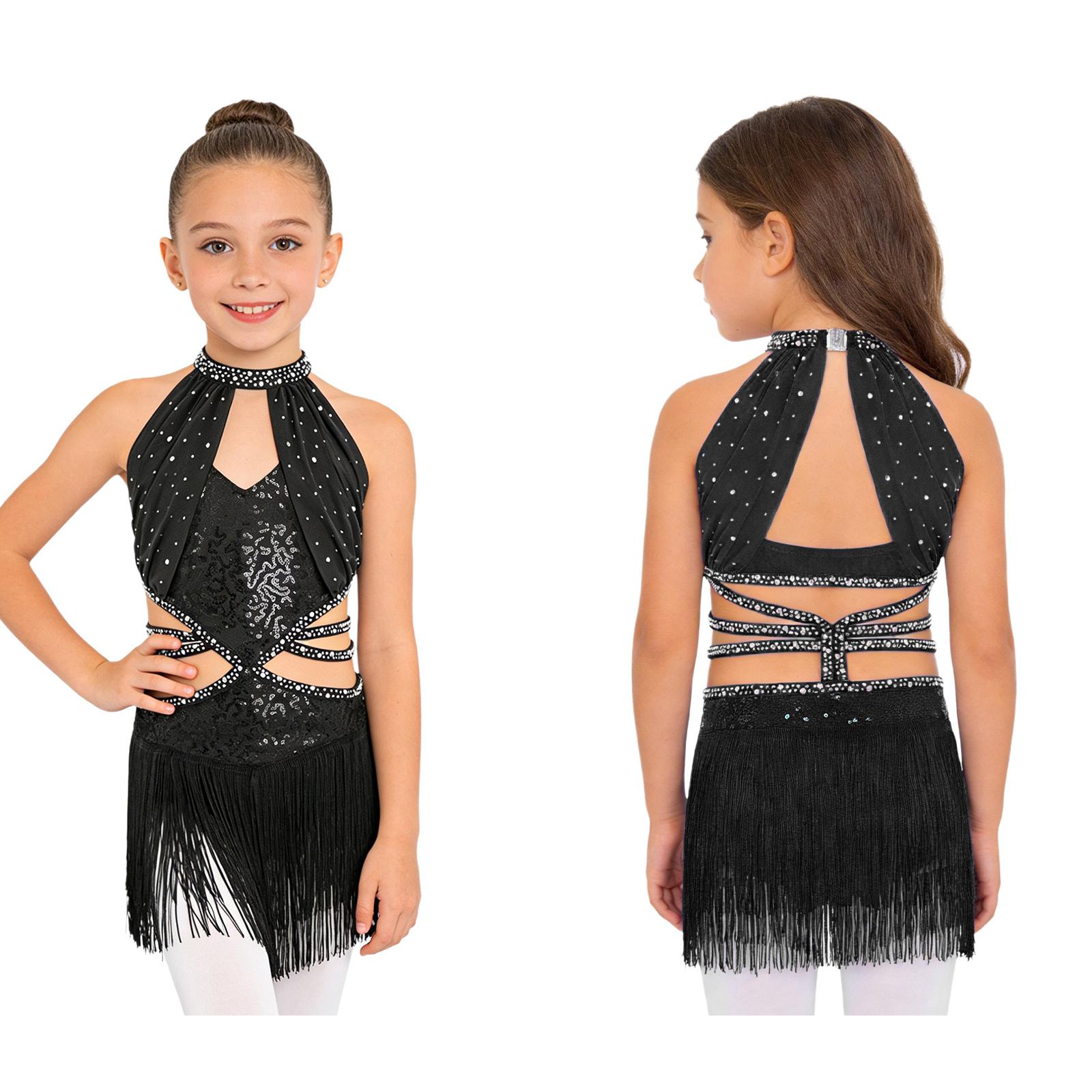 

Полный купальник для латиноамериканских танцев для девочек: Дизайн с блестками, стразами и пайетками, с драпированной сеткой, ремешками на талии и кисточкой 5-6 Years чёрный