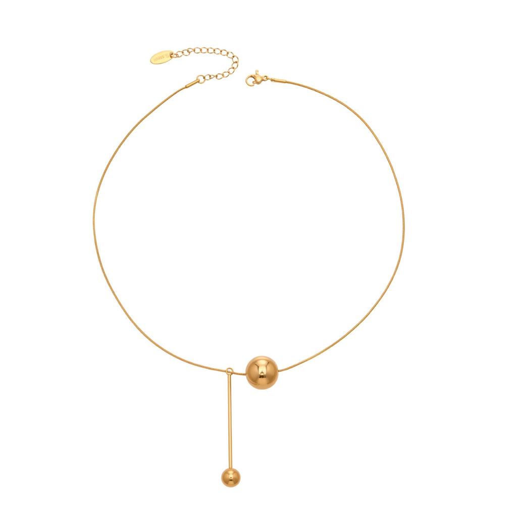 18K Gold-Plated Tassel Pendant Necklace with Large and Small Stainless Steel Beads - European American Fashion