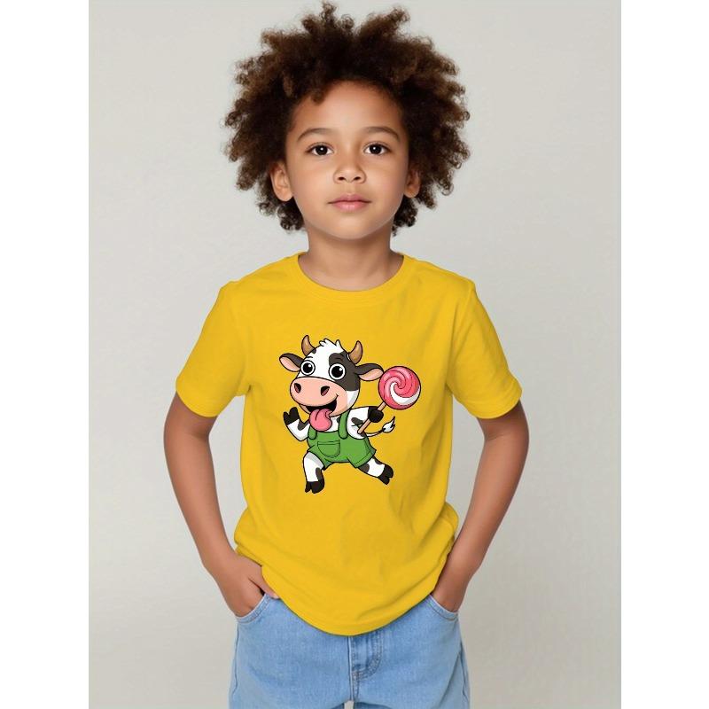 European Size Boys Round-neck Short-sleeved T-shirt with Cartoon Cow Holding Lollipop Pattern Print