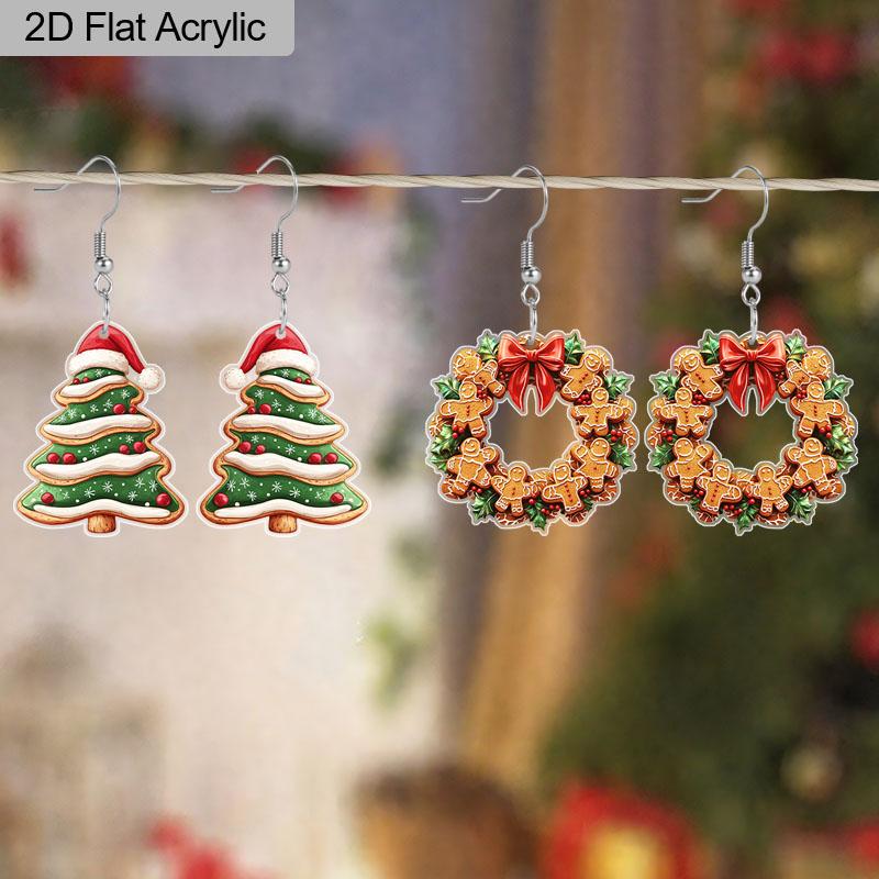 2 Pairs Fashion Christmas Acrylic Earrings for Women Classic Christmas Tree Christmas Hat Acrylic Earrings Creative Cookies Men Dangle Earrings