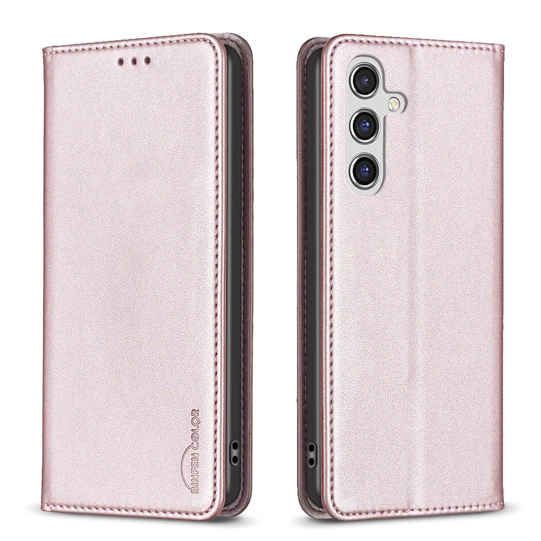 

For Samsung Galaxy S25 FE Leather Case BINFEN COLOR BF18 Phone Stand Cover with Card Slots Rose Gold