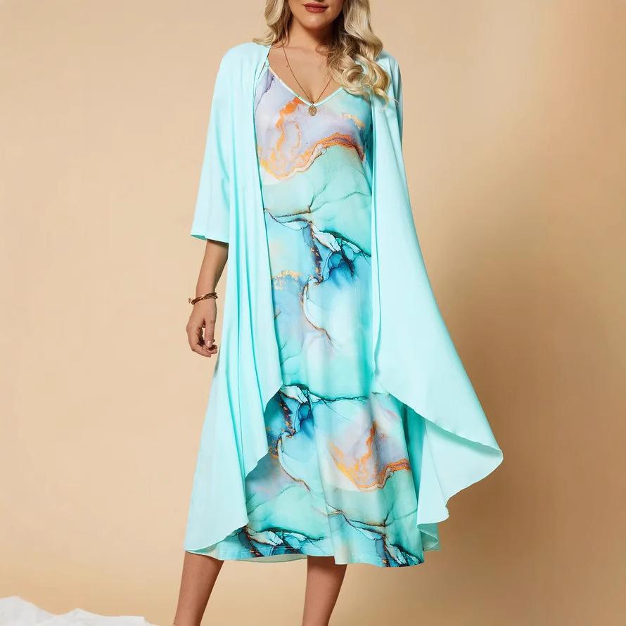 

Сине-белое платье-омбре с цветочной вышивкой на бретельках и кардиганом, летний повседневный наряд для женщин 5XL небесно-голубой