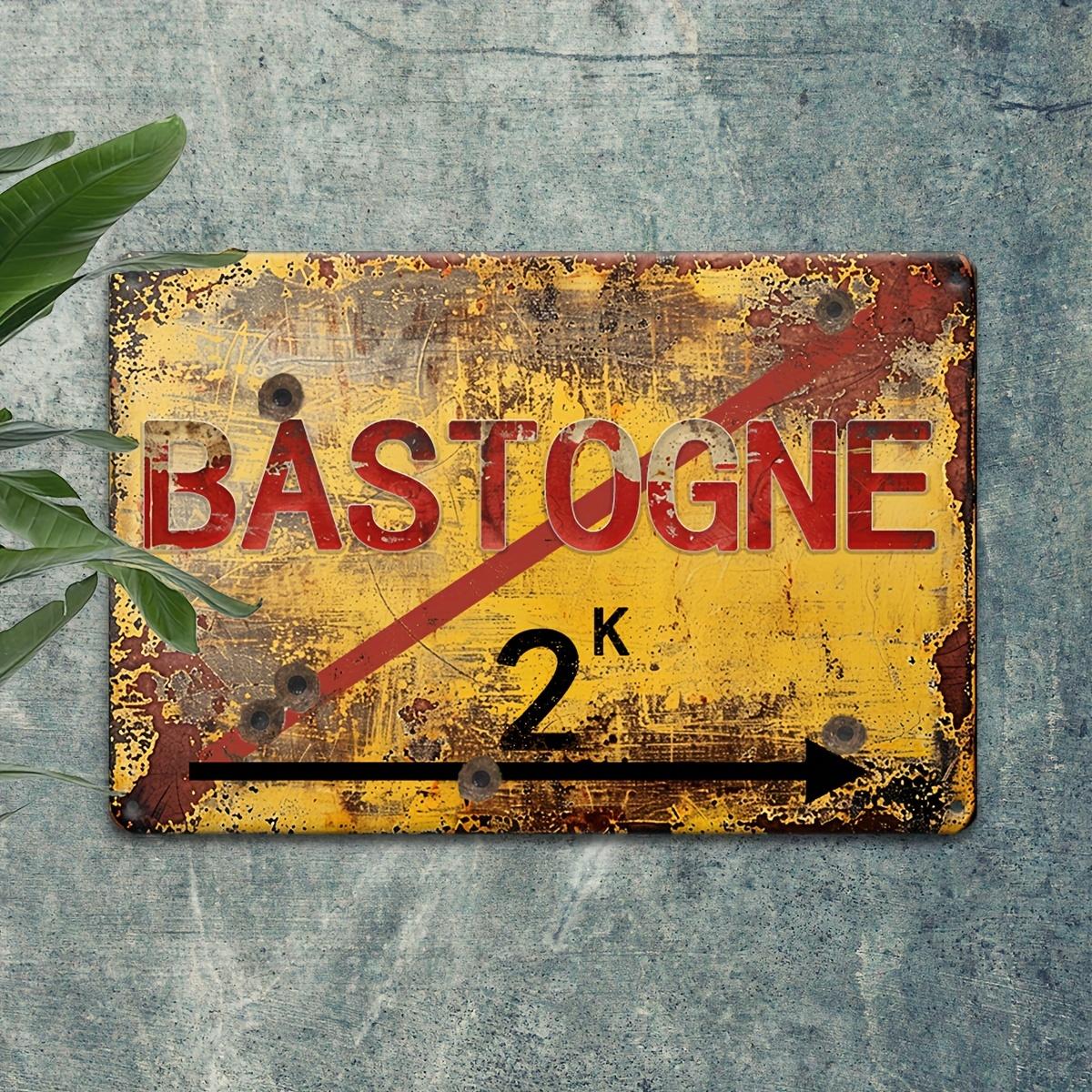 Retro Bastogne KM Road Sign Metal Tin Sign WWII Battle of the Bulge Wall Decor for Man Cave Military History Bar 20x30cm（7.8x11.8inch）