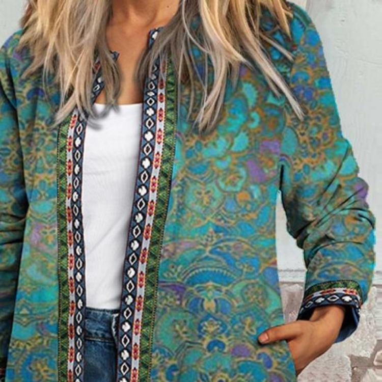 Cardigan Vintage Scollo a U Stampa Floreale Donna Maglia Aperta Ampio Cappotto Autunnale Colori Ricchi Maniche Lunghe Tasche Resistente ai Colori Primavera Autunno