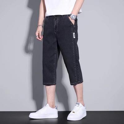 Men Cropped Jeans Straight-Leg Style Solid Color Mid-calf Denim Pants Button Zipper Fly Summer Thin Cropped Trousers