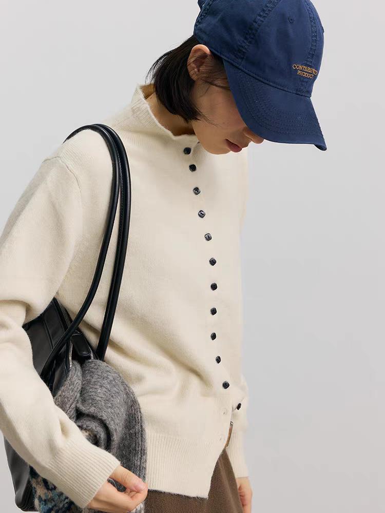 Women's Pure Wool Stand Collar Button-Up Cardigan - Loose Slim Fit Knit Base Layer Top with Long Sleeves for Autumn and Winter