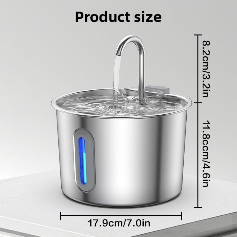 2.2L Automatic Cat Water Fountain Square Stainless Steel Pet Water Feeder with Window for Dog Cat (Power Adapter Not Included)