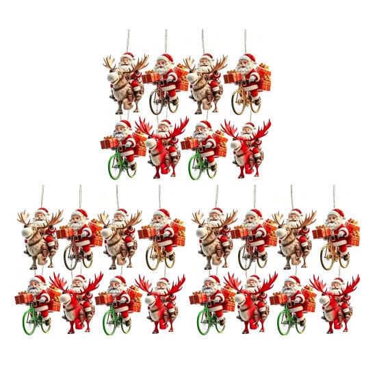 Creative Festive Home Ornaments 8/16/24/32Pcs 2D Flat Christmas Wooden Ornaments, Santa Claus Riding Bicycle Hanging Xmas Door And Window Decorations