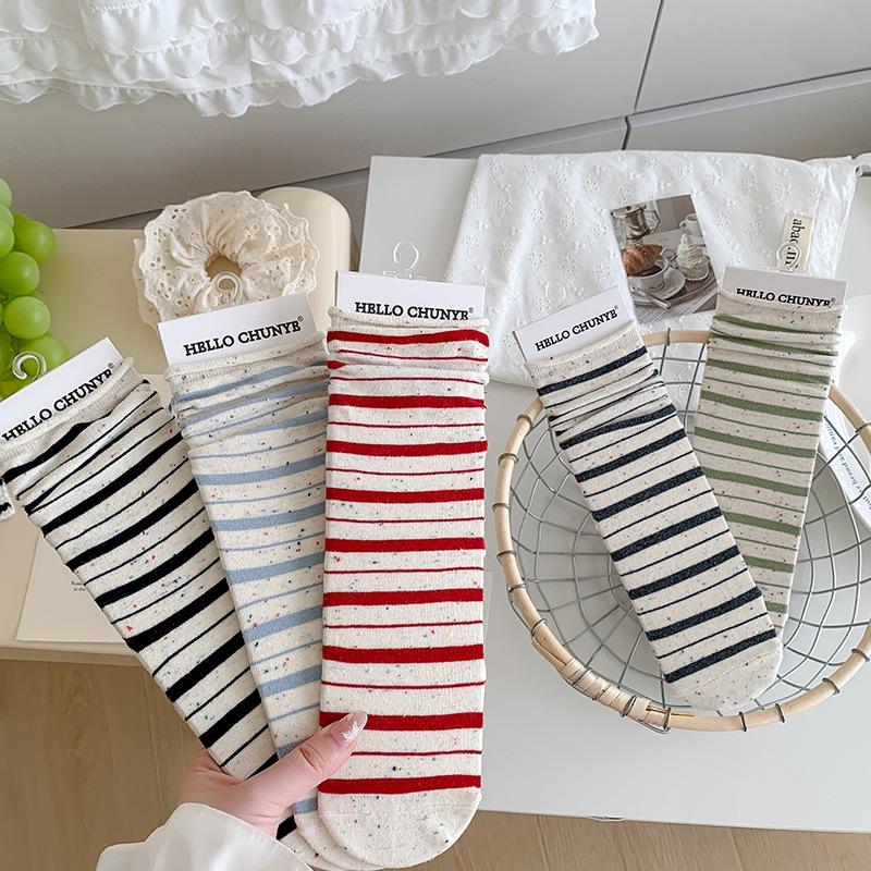 Women's Spring and Summer Thin Polka Dot Chiffon Fringed Striped School Tufted Cotton Socks