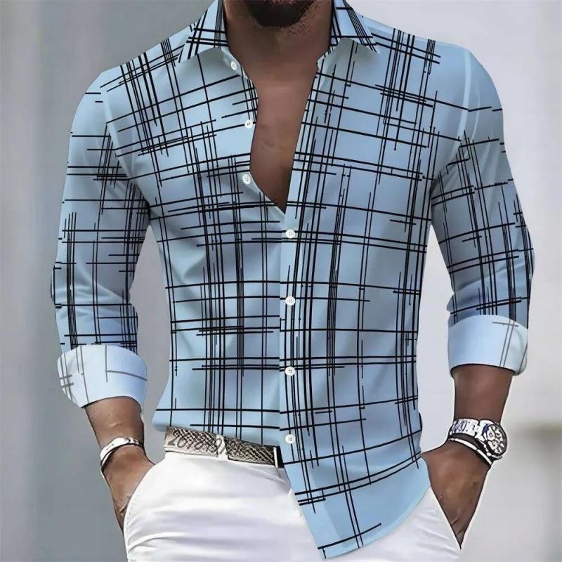 Men's Irregular Line Grid 3D Printed Long Sleeved Shirt, Business Casual Lapel Button Up Cardigan
