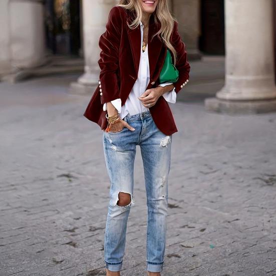 Sametové sako s dlouhým rukávem, klopami, s jedním knoflíkem, kancelářský svrchní oděv, všestranný styling