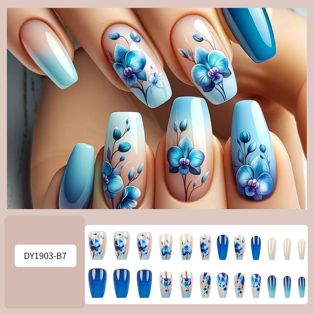 24 Pcs Glossy Press On Nail French Tips False Nail Flowers Full Cover Stick On Nail Short Ballerinas Acrylic Nail