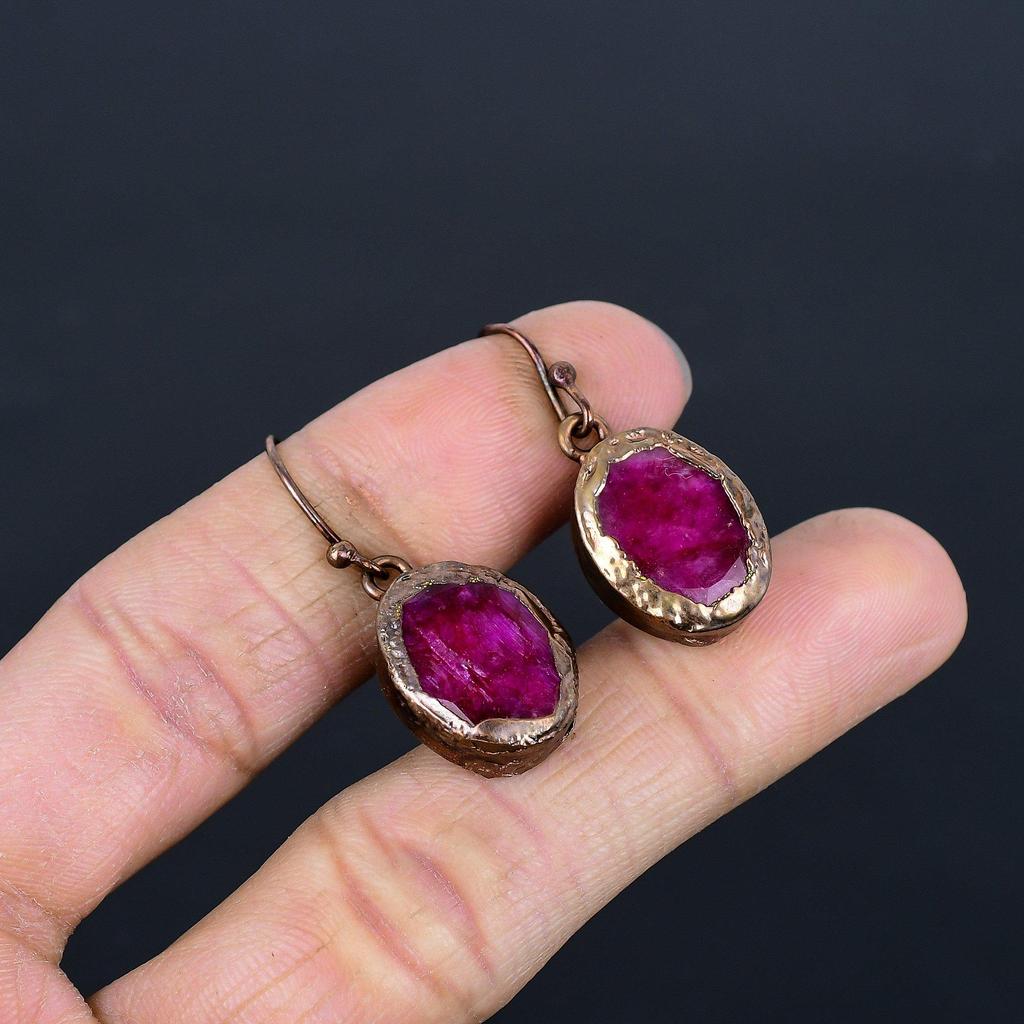 Pendientes Electroformados de Cobre Rubí, Pendientes de Piedras Preciosas Hechos a Mano, Joyería, Regalos para Esposa Pendientes Nuevos