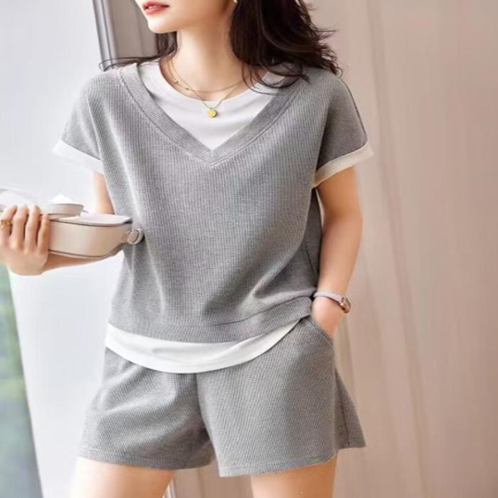 Waffle shorts set women s summer new fake two-piece top elastic waist pants slim and thin two-piece set women S