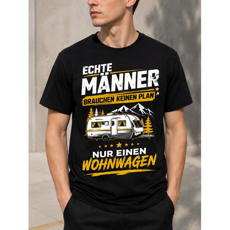 Men's Black Short Sleeve Crew Neck T-Shirt with German Camping Graphic, Soft Cotton Feel, Relaxed Fit for Outdoor Enthusiasts and RV Lovers