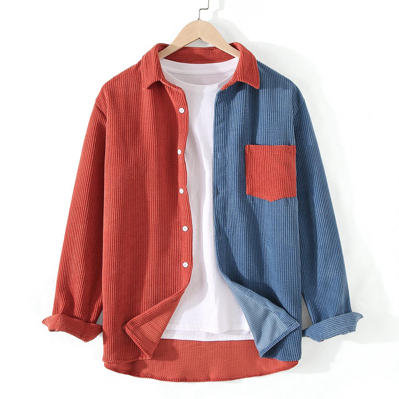 Herren Frühling und Herbst Langarm Farbblock Revers Cordhemd Jugendlich Frisch Lässig Bequeme Oberteile 3XL