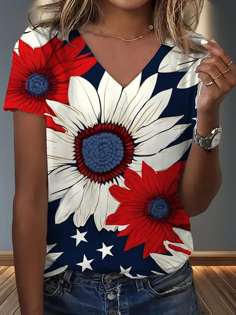 New summer new print casual v-neck T-shirt trendy creative elements suitable for casual T-shirts
