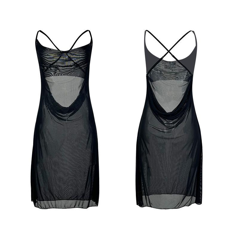 Transparenter Netz-Cami-Nachthemd mit tiefem V-Ausschnitt, gekreuzter Rücken, rückenfrei, unregelmäßiger hoher Schlitz, Damen-Loungewear 908 Wagemutige moderne Nachtwäsche für selbstbewusste Frauen