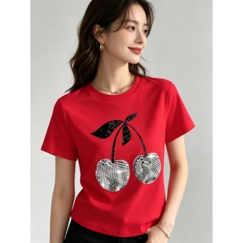 New Korean-style Silver Cherry Blossom Print T-shirt: Women's Short-sleeve Crew-neck Casual Top Perfect for Spring and Summer
