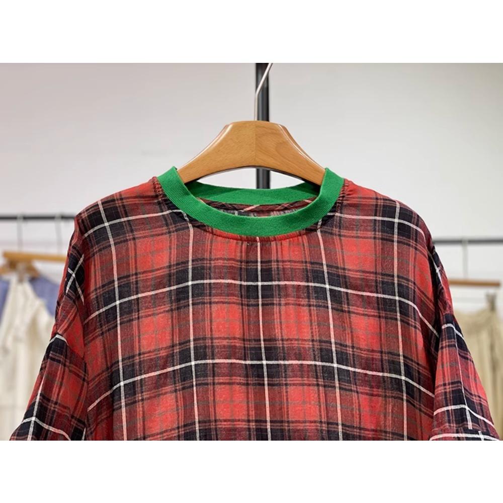 Dimanaf 2025 Summer Linen T-shirt Women Spliced Plaid Printing Short Sleeve Loose Red T-shirt
